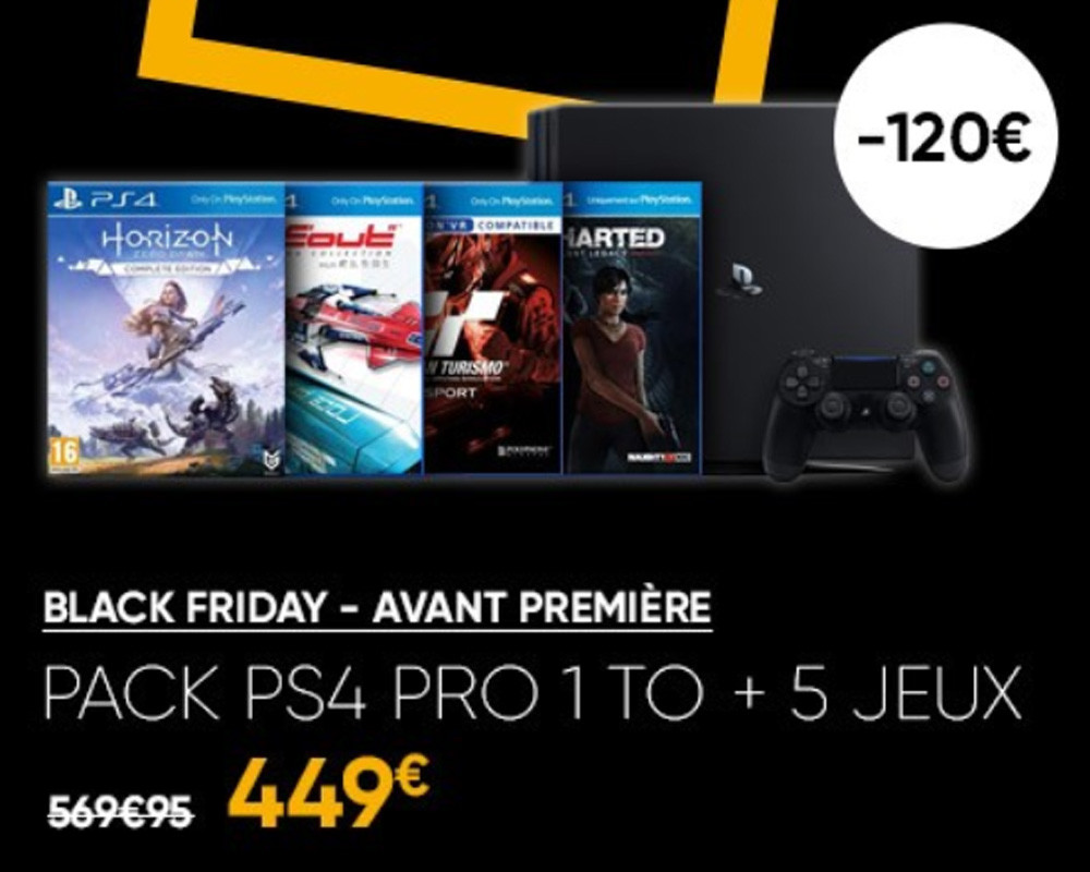 Playstation 4 Pro On Black Friday Bon plan Console PS4 Pro + Horizon ZD Complete + Wipeout + GT Sport